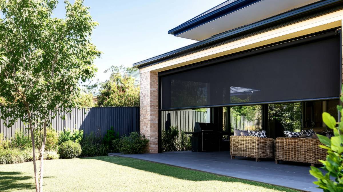 Outdoor patio screen shades blocking light during the daytime